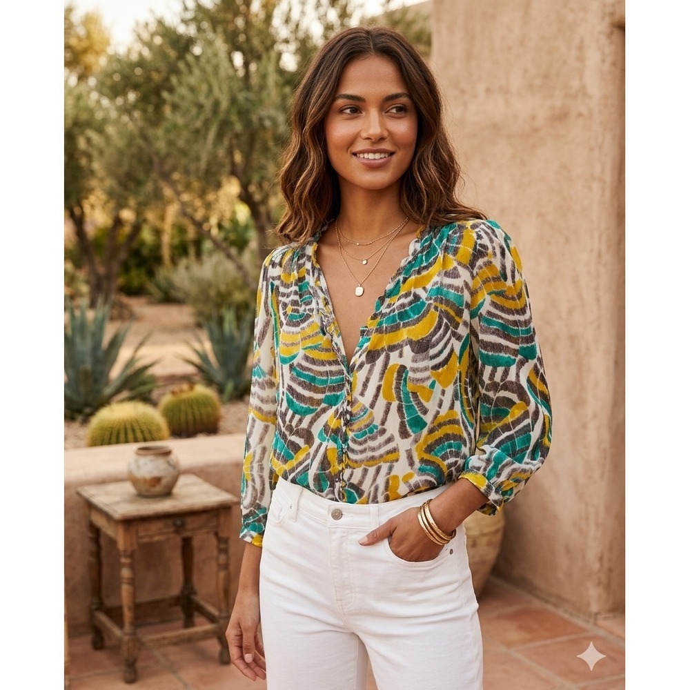 Cynthia Steffe Blouse Womens Sheer Printed Long Sleeve Ruffled V-Neck Top M